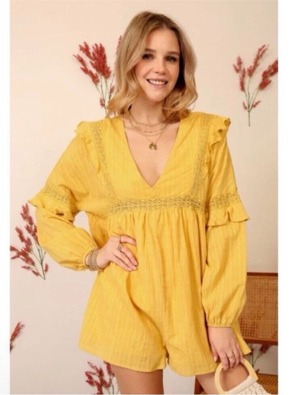 Anthropologie Lumiere Yellow Lace Trim Long Sleeve Romper-NWT Retails $168!